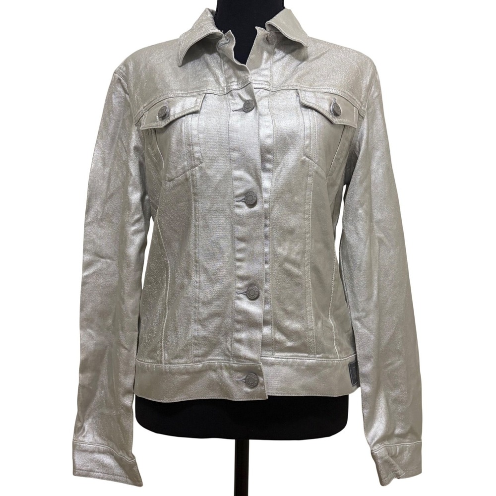 NEW Vintage Y2K Guess Denim Trucker Jacket M Silver Metallic Cyber McBling 2000s